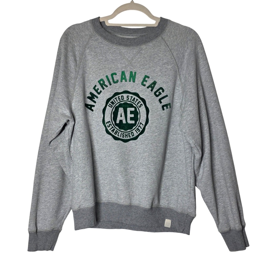 American Eagle Gray Crewneck Sweatshirt Small Green Flocked Graphic Logo Raglan